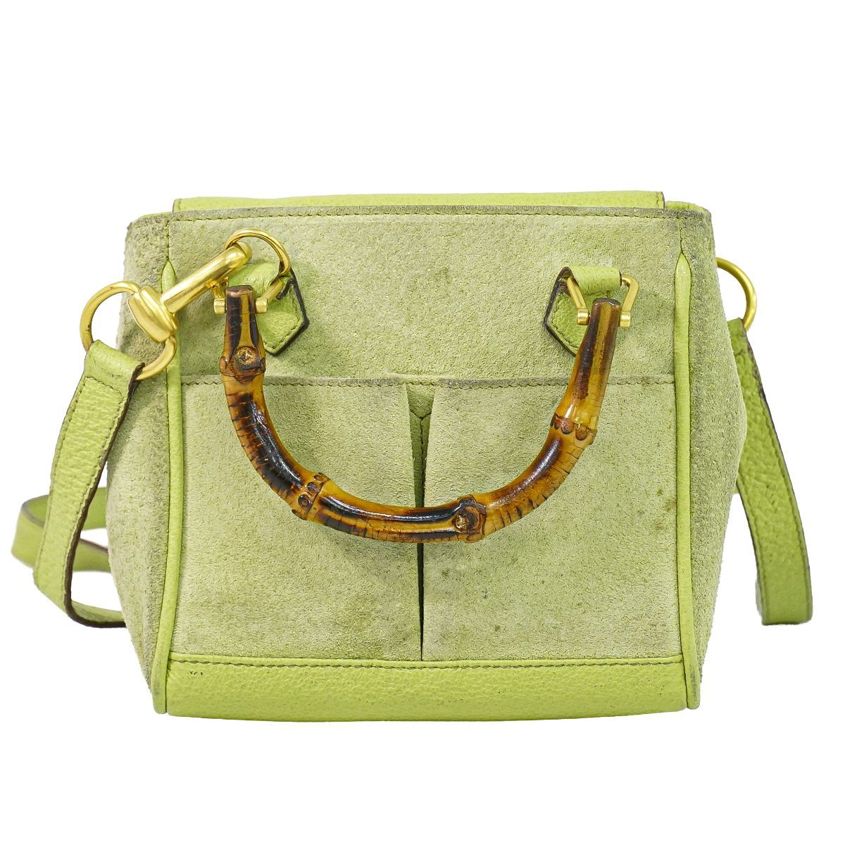 Gucci Bamboo 2-Way Shoulder Bag Pochette Suede Leather Green