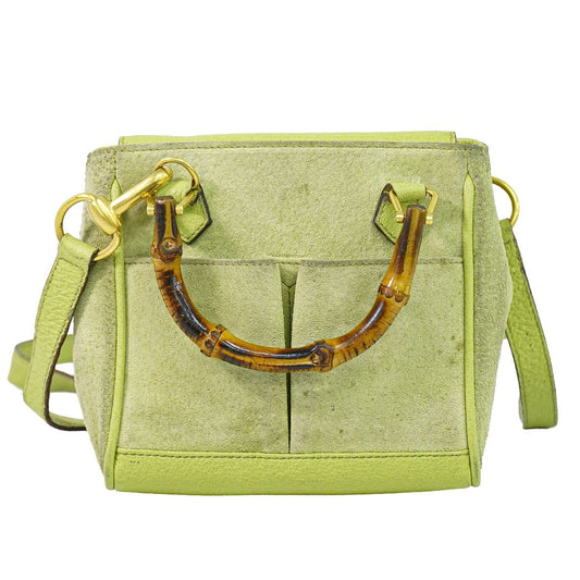 Gucci Bamboo 2-Way Shoulder Bag Pochette Suede Leather Green