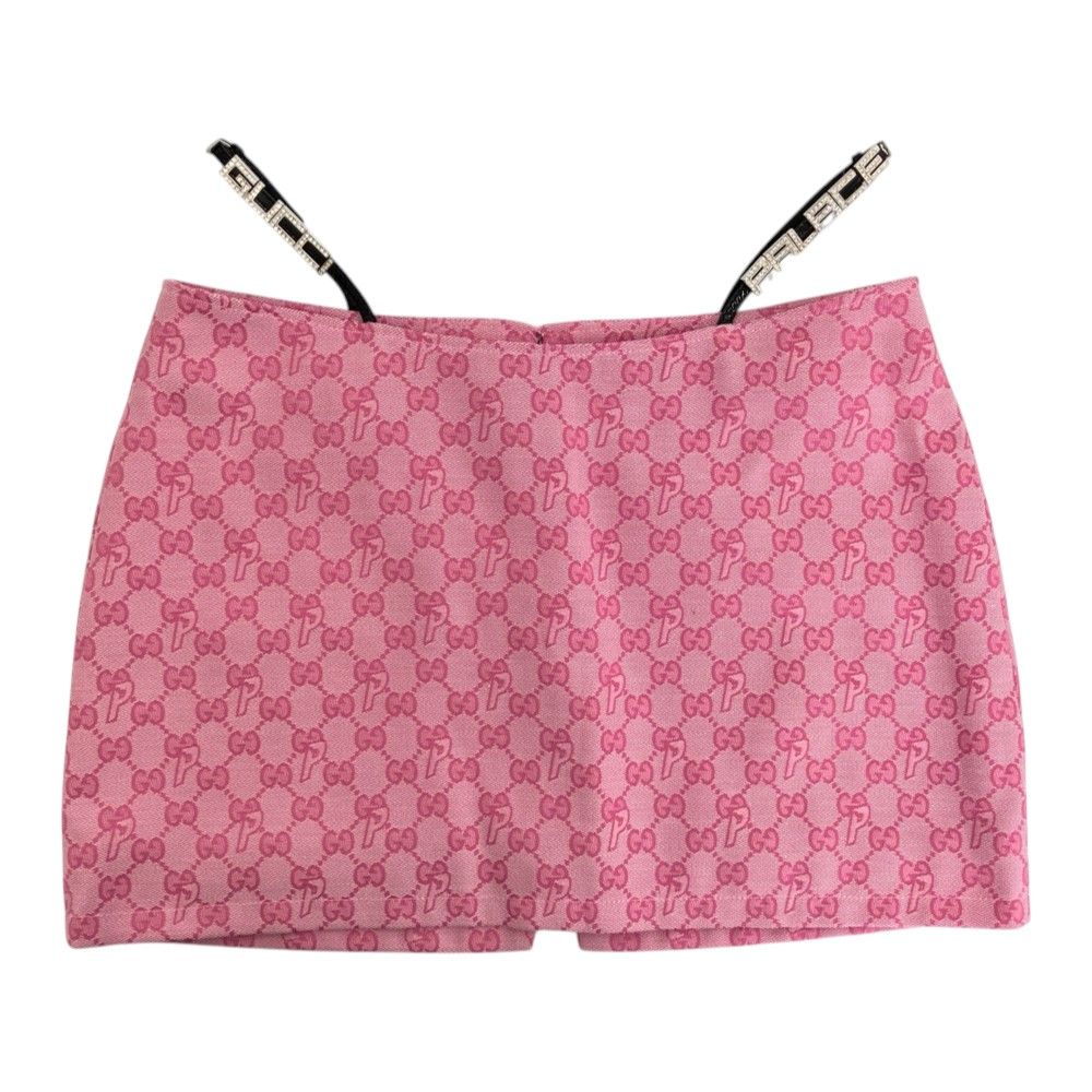 Gucci Palace Collaboration Canvas Lace and Crystal Mini Skirt GG Jacquard Pink — view 7