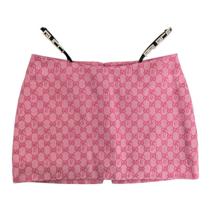 Gucci Palace Collaboration Canvas Lace and Crystal Mini Skirt GG Jacquard Pink — view 7