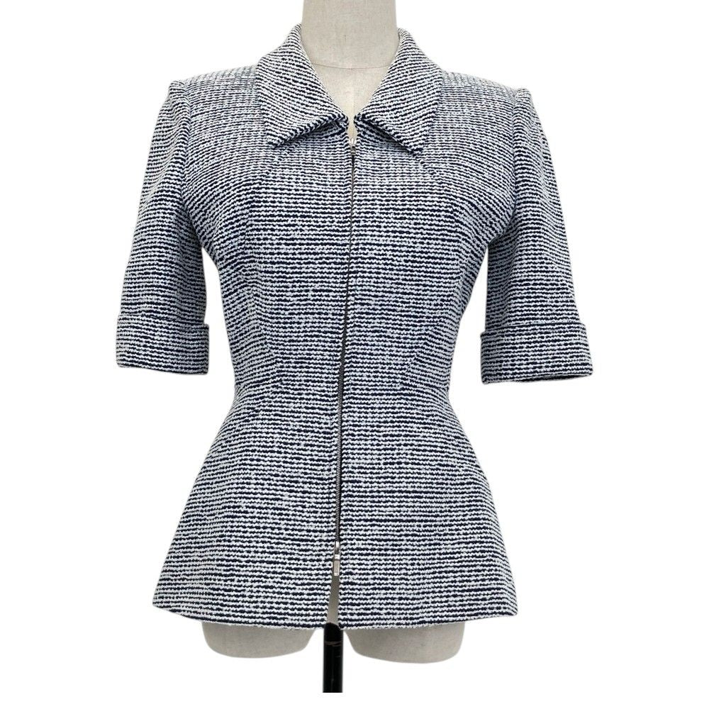 Chanel Half Sleeve Tweed Zip Up Jacket Blue White Fall Winter 34