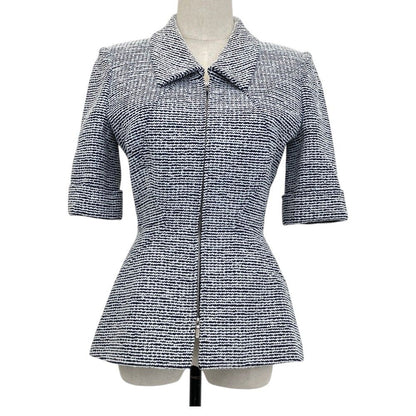 Chanel Half Sleeve Tweed Zip Up Jacket Blue White Fall Winter 34