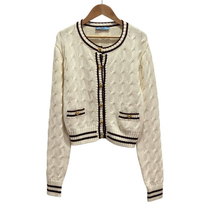 Prada Emblem Button Crew Neck Cable Knit Cardigan White Spring Summer Fall 38