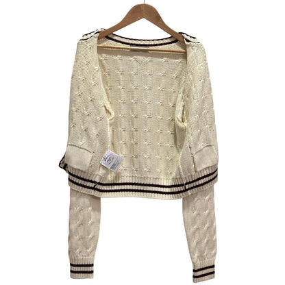 Prada Emblem Button Crew Neck Cable Knit Cardigan White Spring Summer Fall 38 — view 4
