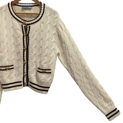 Prada Emblem Button Crew Neck Cable Knit Cardigan White Spring Summer Fall 38 — view 3