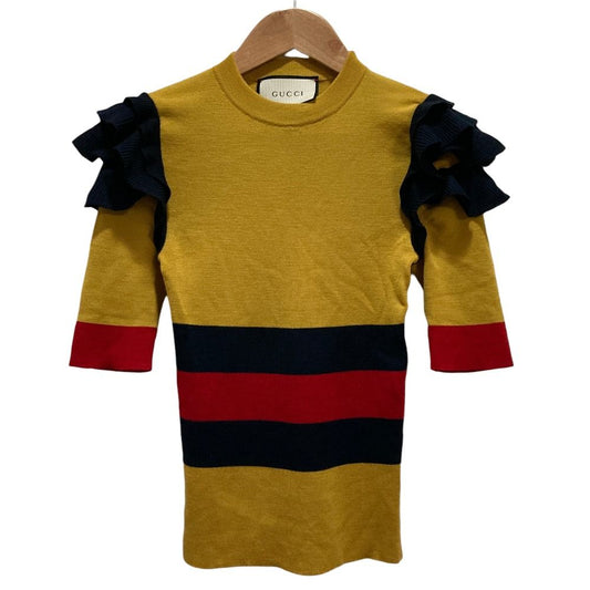 Gucci Frill Shoulder Web Line Half Sleeve Knit Sweater Mustard Yellow Navy XS