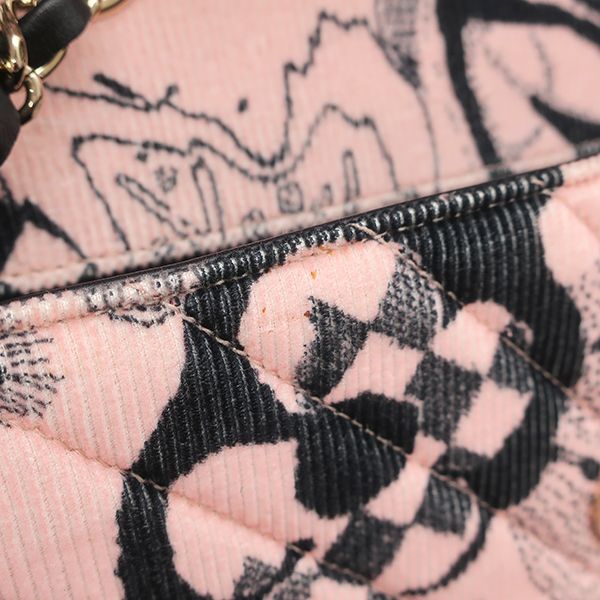 Chanel Shoulder Bag Camellia Ribbon Corduroy Lambskin Pink Black Gold Chevron — view 8