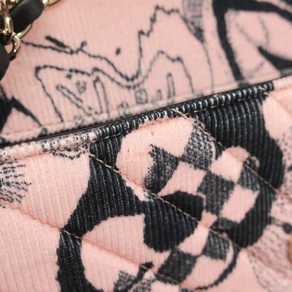 Chanel Shoulder Bag Camellia Ribbon Corduroy Lambskin Pink Black Gold Chevron — view 8
