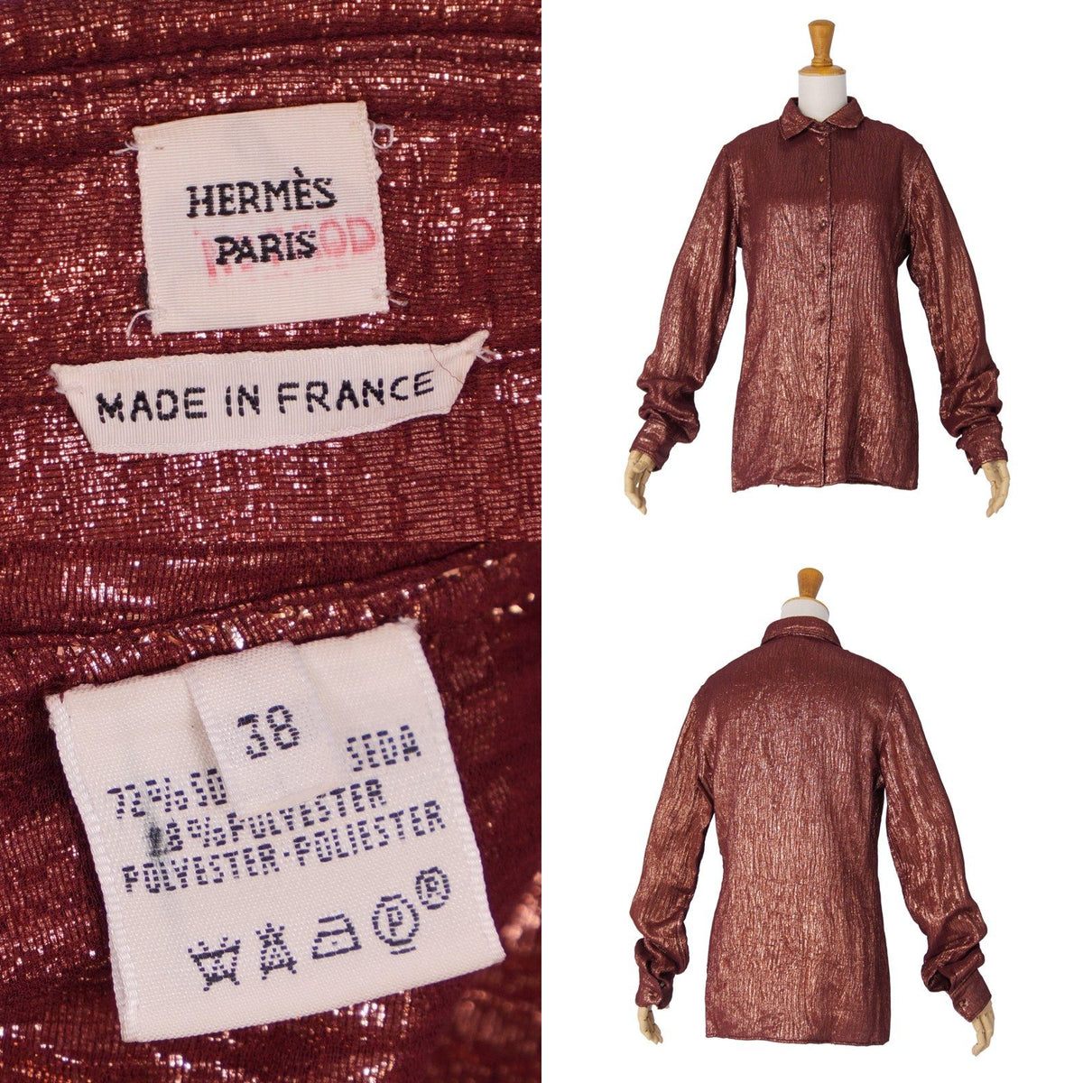 Hermes Shirt Blouse Long Sleeve Medor Button Top Silk Brown 38 — view 7