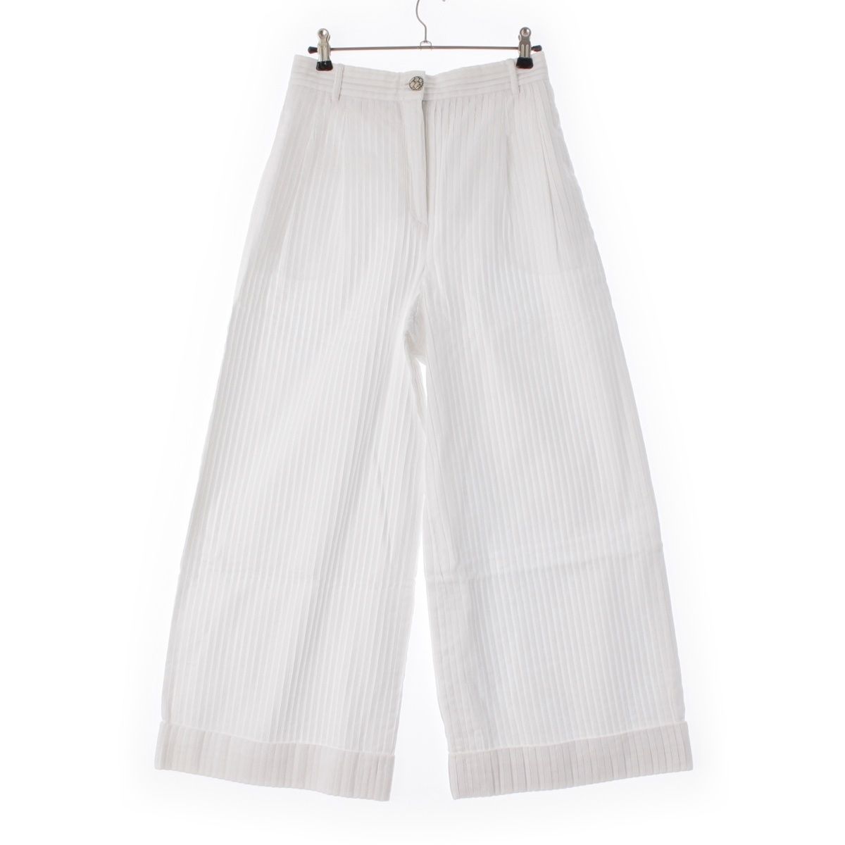 Chanel Cotton Coco Buttons Pleated Wide Pants White 38