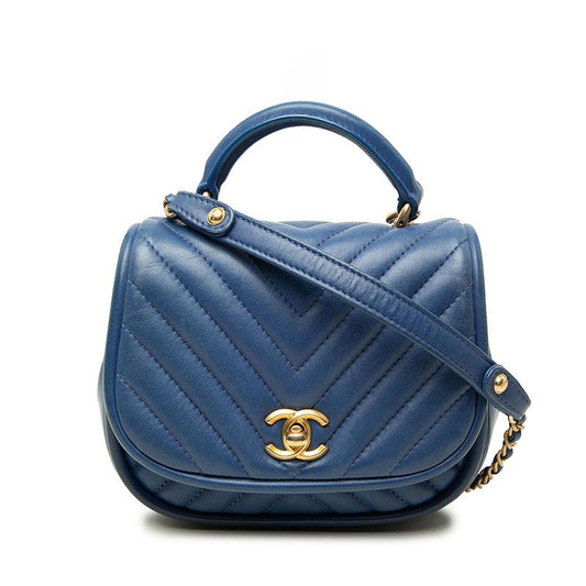 Chanel Chevron CC Logo Chain Shoulder Bag Blue Gold Lambskin