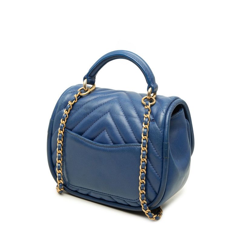 Chanel Chevron CC Logo Chain Shoulder Bag Blue Gold Lambskin — view 2