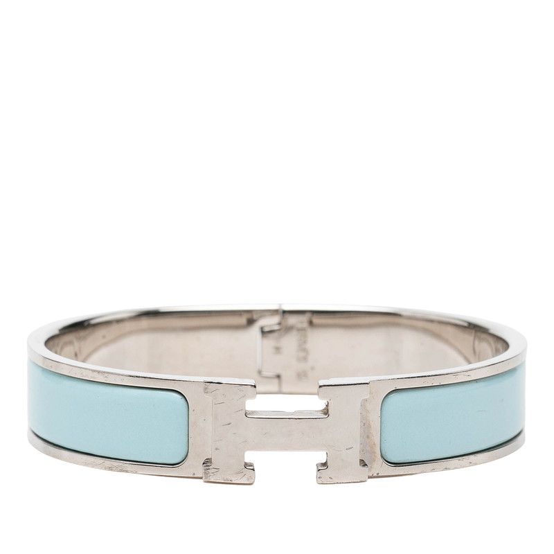 Hermes Clic H PM Enamel Bracelet Bangle Silver Blue Metal