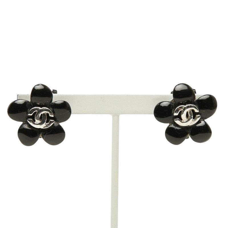 Chanel CC Logo Camellia Earrings 03P Black Silver — view 2
