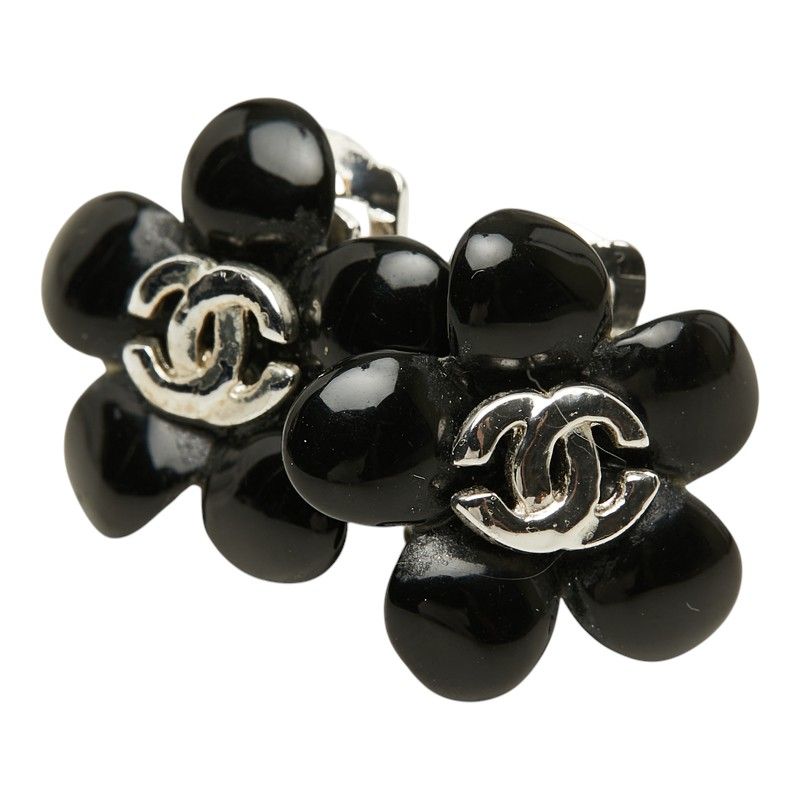 Chanel CC Logo Camellia Earrings 03P Black Silver