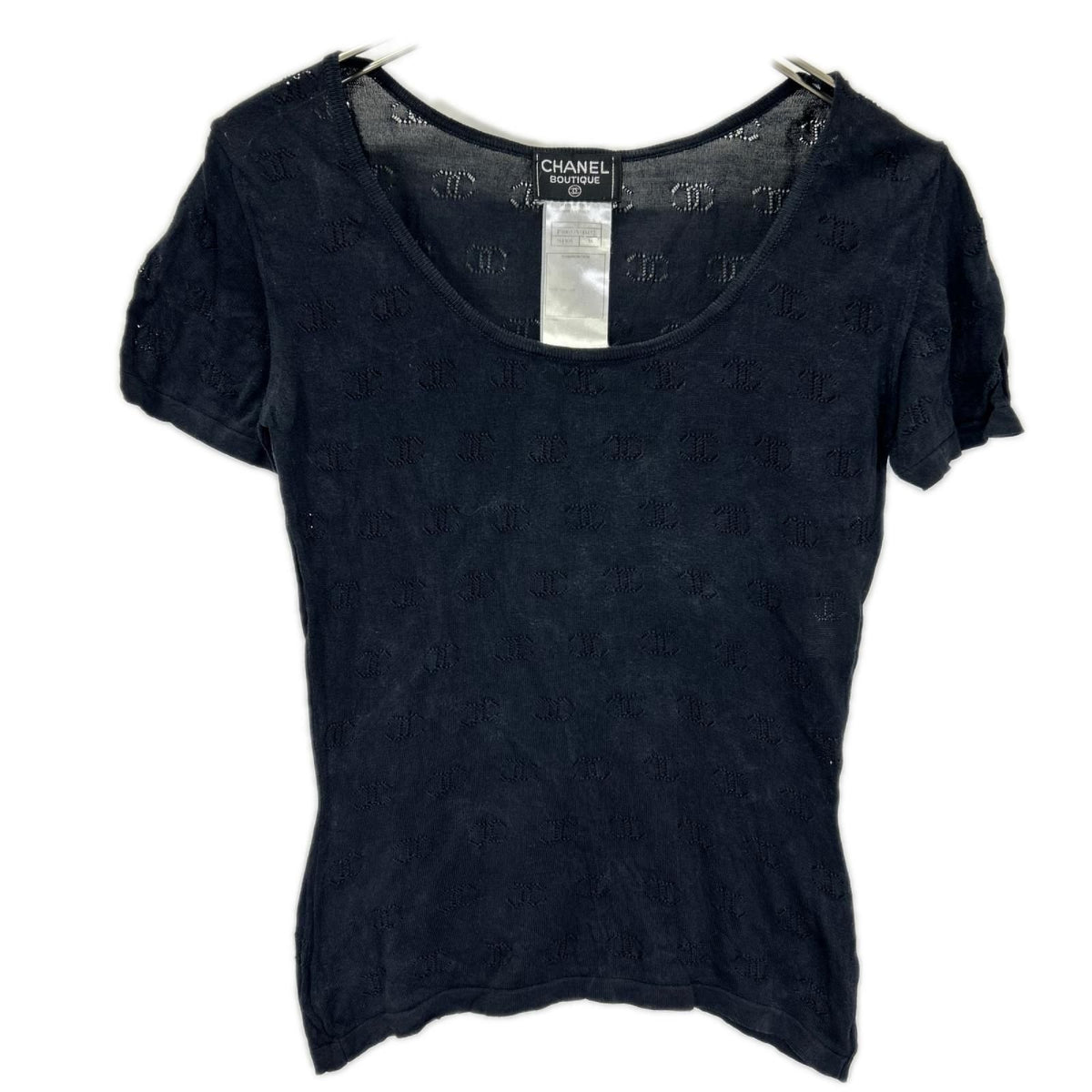 Chanel 98P Black Openwork CC Logo Silk Knit Top T-Shirt Sweater 38