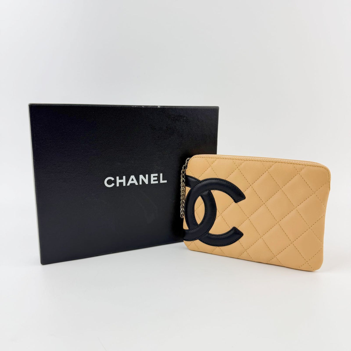 Chanel Cambon Line CC Logo Chain Strap Pouch Leather Beige Black Silver Seal