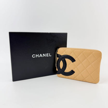 Chanel Cambon Line CC Logo Chain Strap Pouch Leather Beige Black Silver Seal