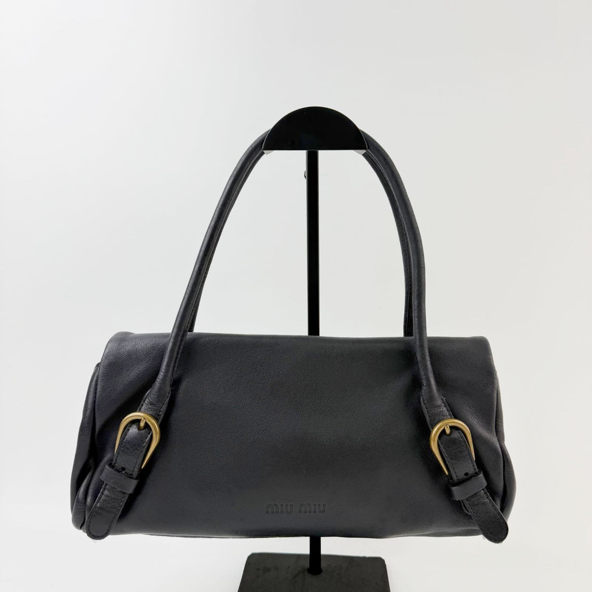 Miu Miu Flap Double Buckle Shoulder Bag Leather Black Gold Vintage