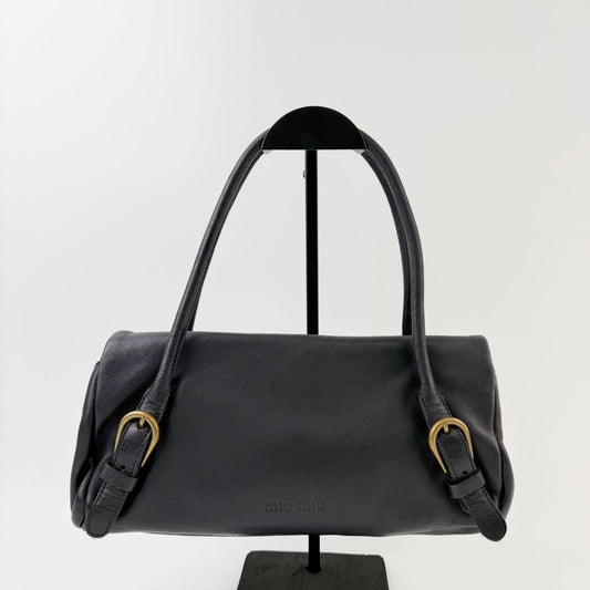 Miu Miu Flap Double Buckle Shoulder Bag Leather Black Gold Vintage
