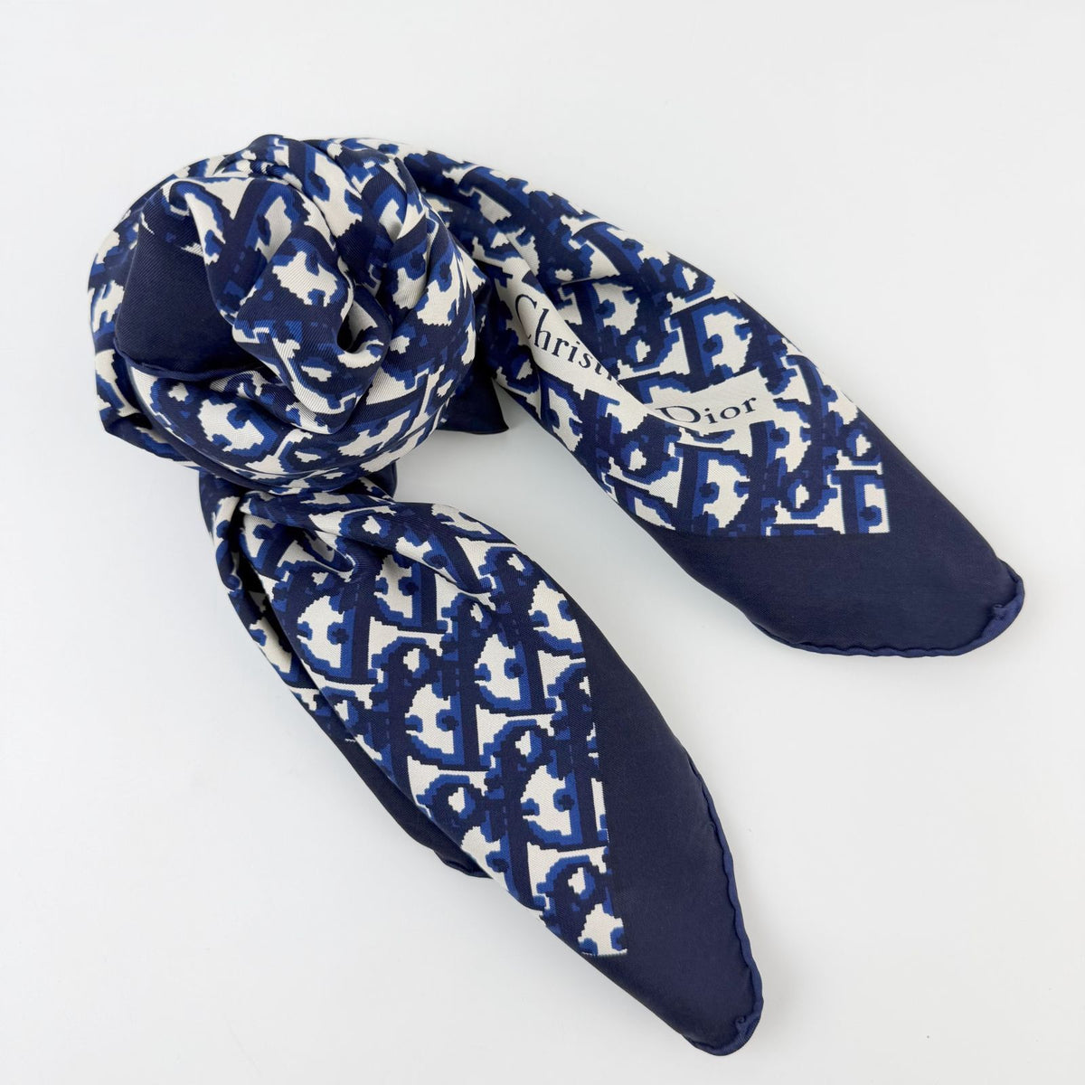 Dior Trotter Oblique All Over Print Scarf Silk 100% Navy White Vintage — view 2