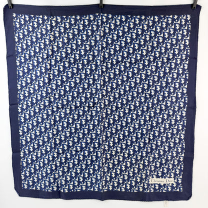 Dior Trotter Oblique All Over Print Scarf Silk 100% Navy White Vintage