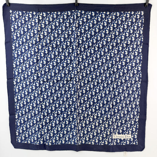 Dior Trotter Oblique All Over Print Scarf Silk 100% Navy White Vintage