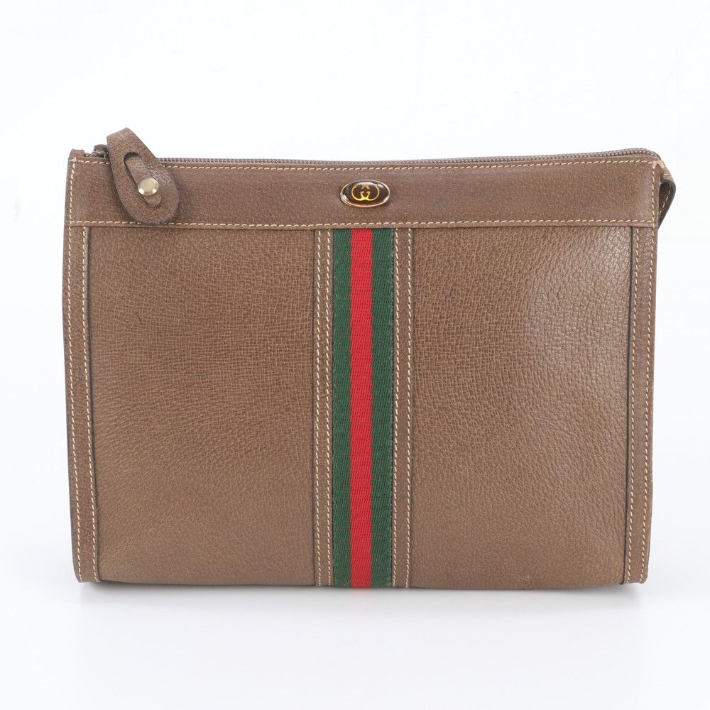 Gucci Sherry Line Leather Clutch Pouch Business Brown