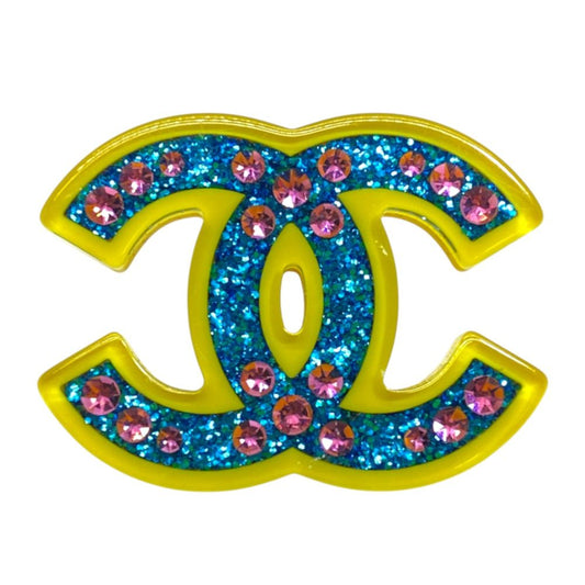 Chanel Pin Brooch Lapel Pin CC Logo Bijou 18C Resin Glitter Rhinestone Yellow