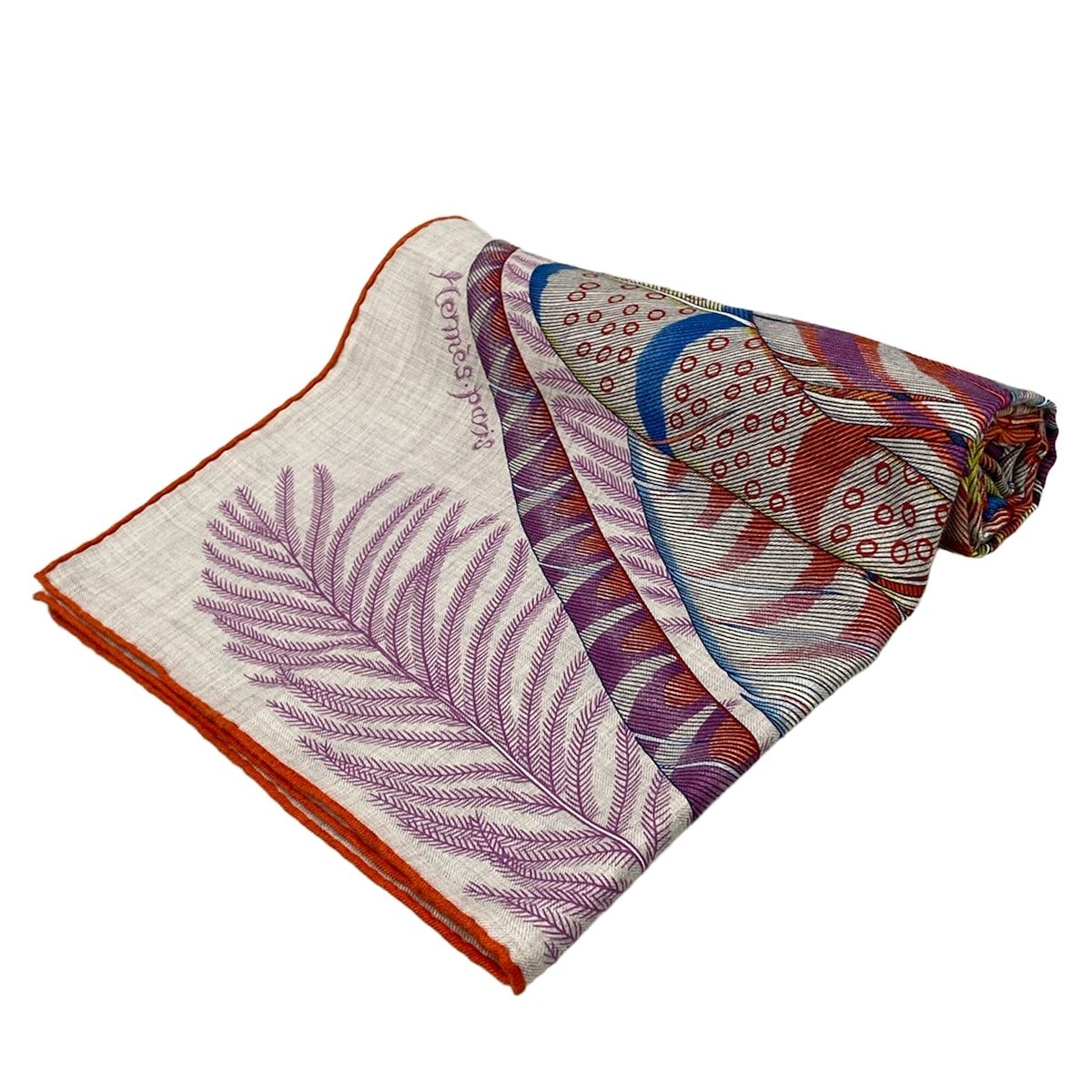 Hermes Shawl Carre Geant/carre 140 Light Gray Red Multi Plumes en Fete Cashmere
