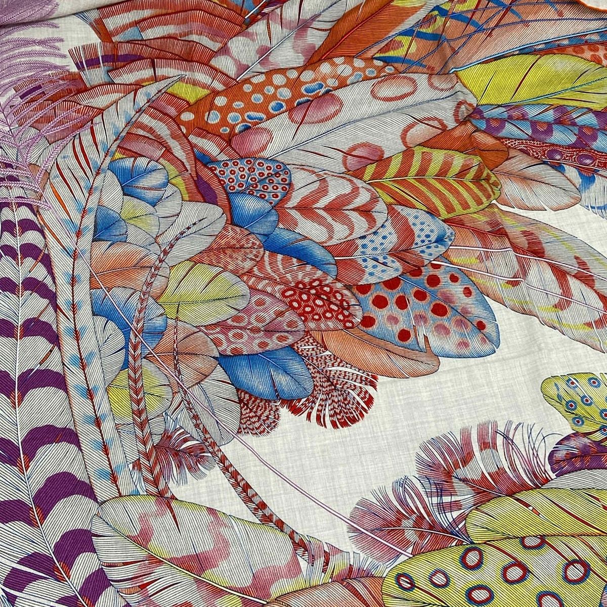 Hermes Shawl Carre Geant/carre 140 Light Gray Red Multi Plumes en Fete Cashmere — view 4