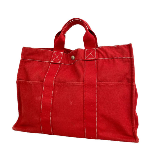Hermes Tote Bag Deauville MM Canvas Red Silver