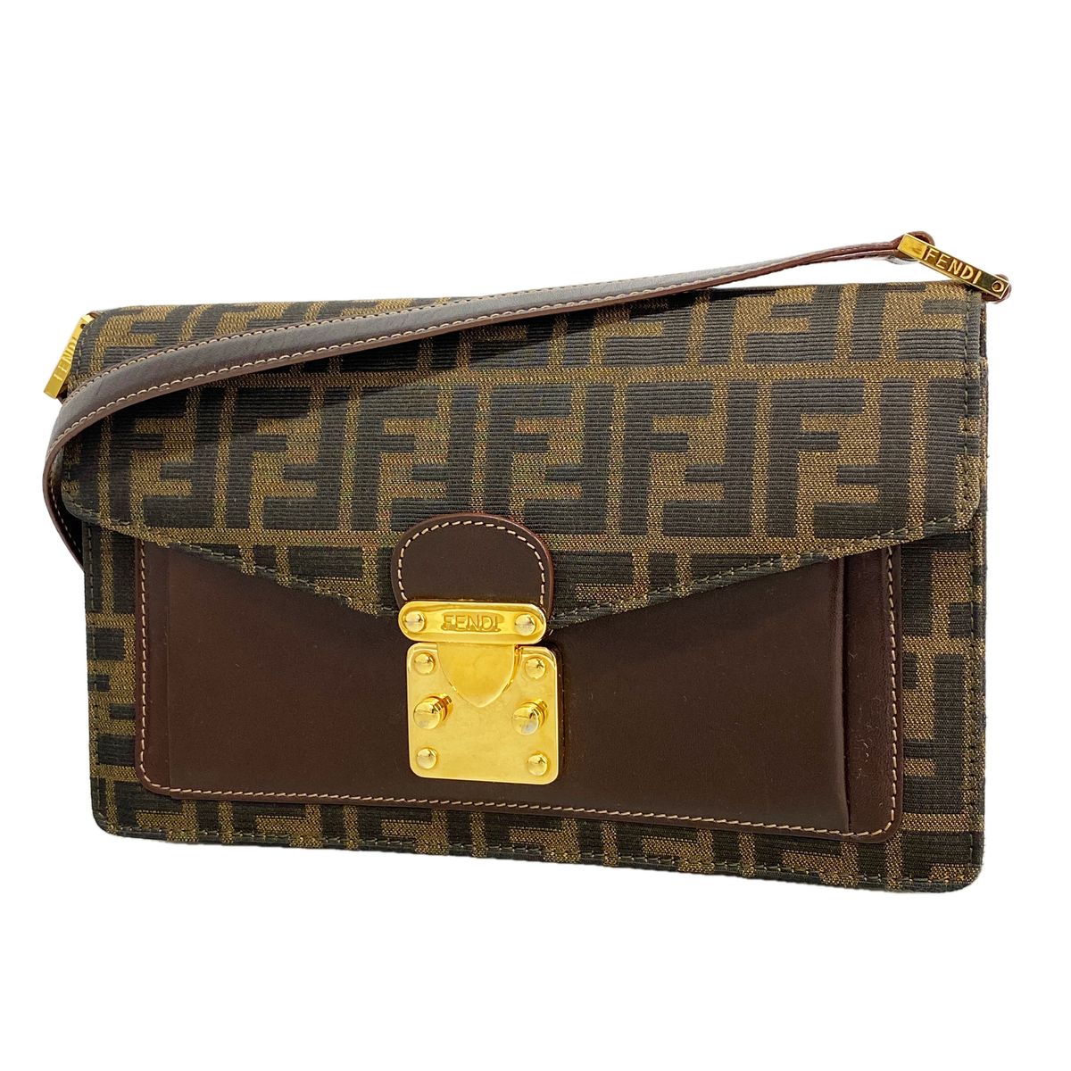 Fendi Shoulder Bag Zucca Nylon Canvas Brown Gold