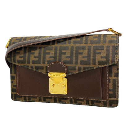 Fendi Shoulder Bag Zucca Nylon Canvas Brown Gold