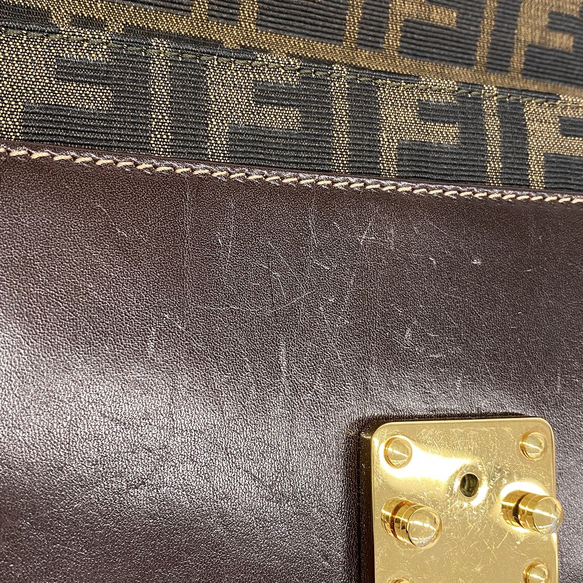 Fendi Shoulder Bag Zucca Nylon Canvas Brown Gold — view 7