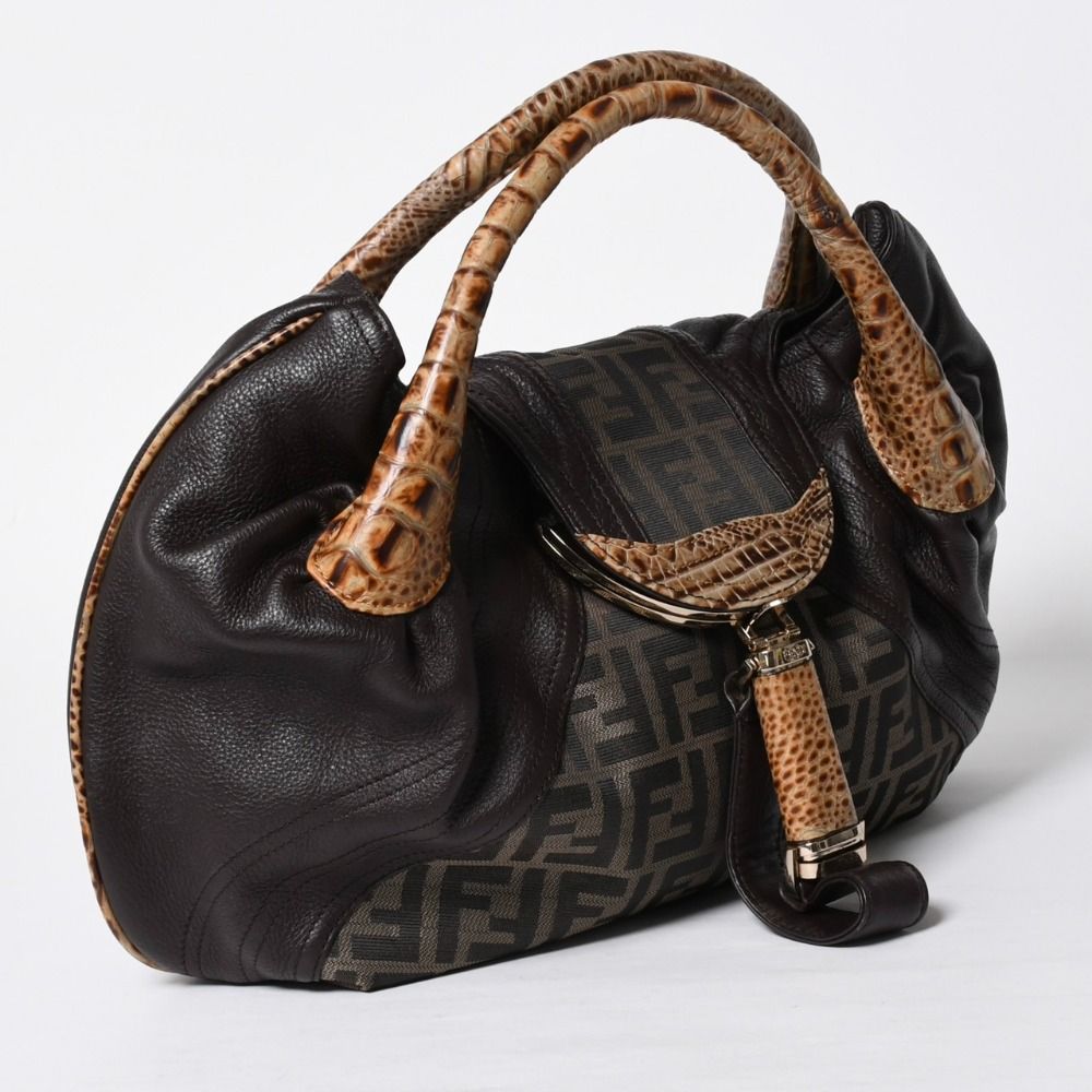 Fendi Spy Bag Handbag Leather Canvas Brown Gold — view 2