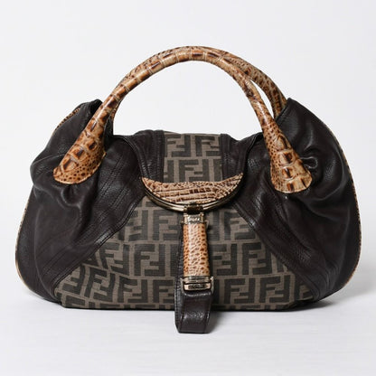 Fendi Spy Bag Handbag Leather Canvas Brown Gold