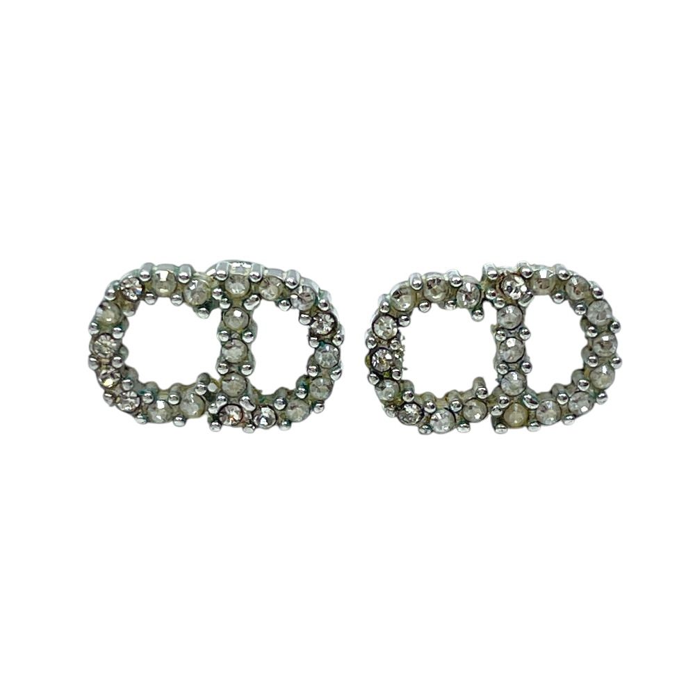Dior Earrings Clair D Lune CD Logo Metal Rhinestone Silver