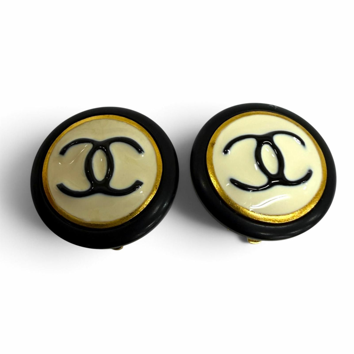 Chanel Vintage 97P CC Logo Earrings Black White Gold