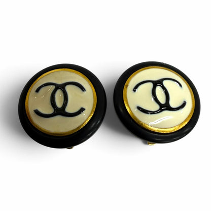 Chanel Vintage 97P CC Logo Earrings Black White Gold