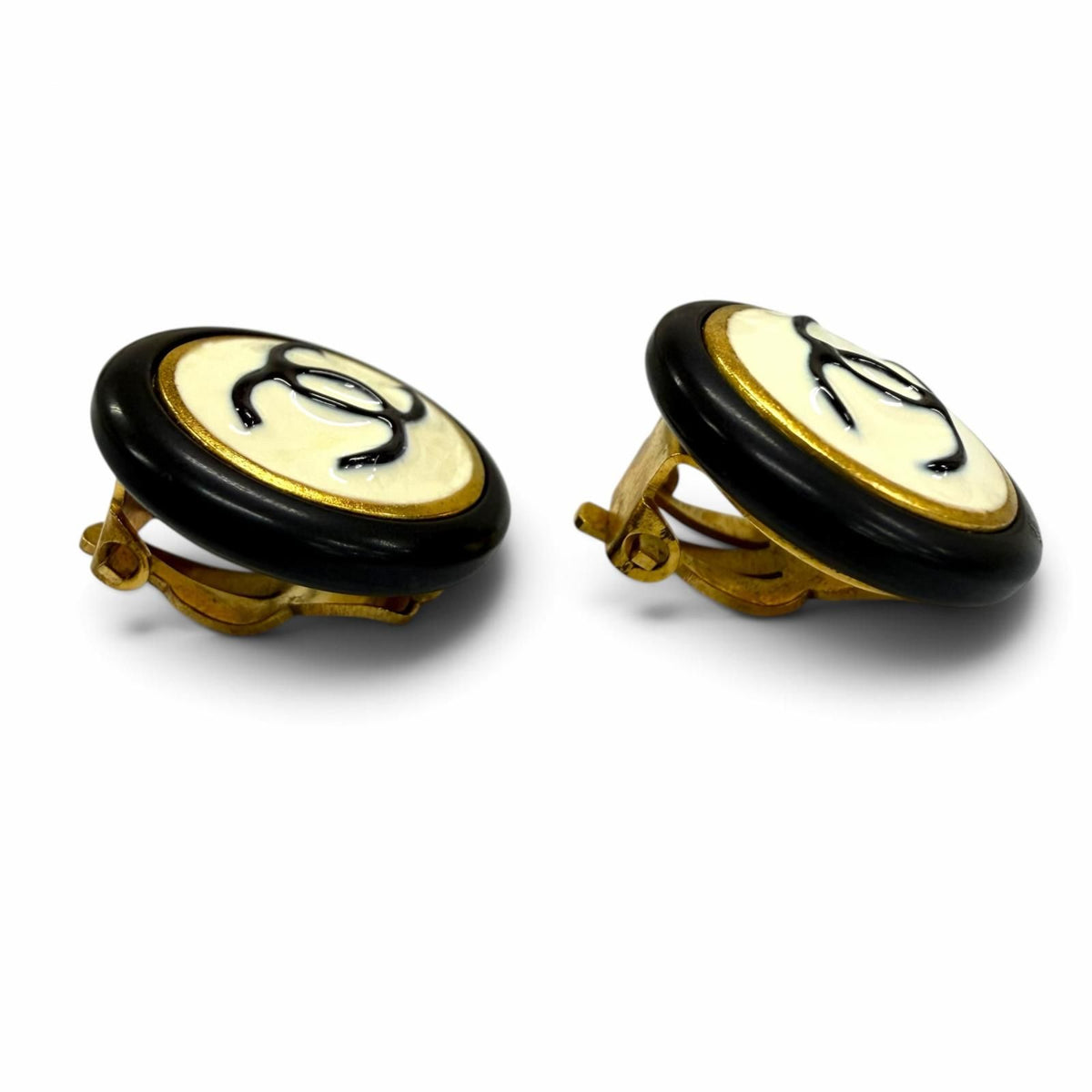 Chanel Vintage 97P CC Logo Earrings Black White Gold — view 3