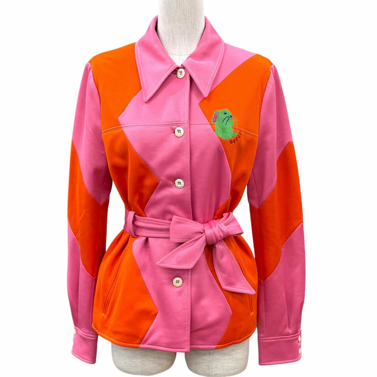 Gucci Cotton Mixed with Belt Rabbit Embroidery Bicolor Picket Jacket Multi XS