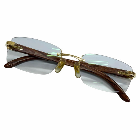 Cartier Wood Temple Rimless Two Point Sunglasses Brown Blue Lens Gold 19