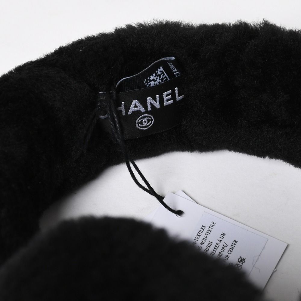 Chanel Coco Neige Ear Muffs CC Logo Lamb Shearling Black White — view 6