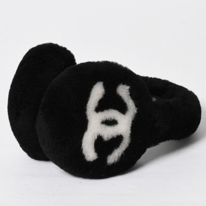 Chanel Coco Neige Ear Muffs CC Logo Lamb Shearling Black White — view 4