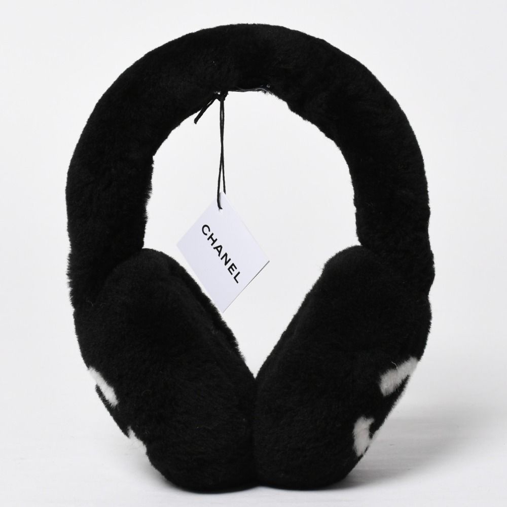 Chanel Coco Neige Ear Muffs CC Logo Lamb Shearling Black White — view 3