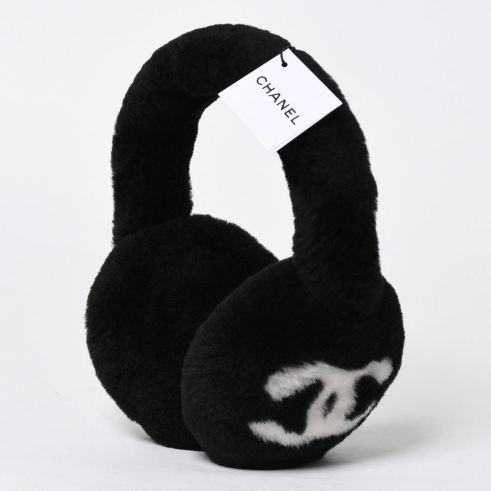 Chanel Coco Neige Ear Muffs CC Logo Lamb Shearling Black White