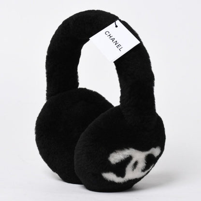 Chanel Coco Neige Ear Muffs CC Logo Lamb Shearling Black White