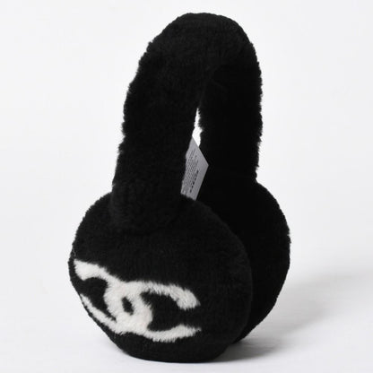 Chanel Coco Neige Ear Muffs CC Logo Lamb Shearling Black White — view 2