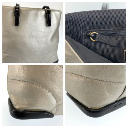 Prada Silver Black Leather Tote Shoulder Bag — view 5